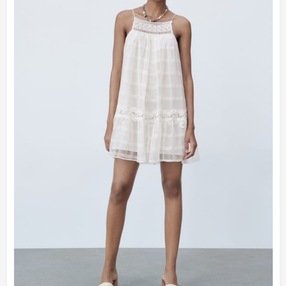 New Zara Halter Lace Babydoll Short Mini Dress White NWT Size Small - Picture 3 of 16